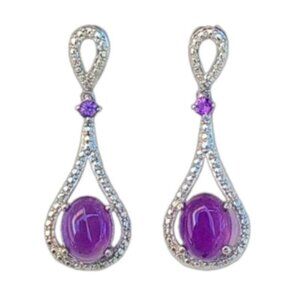 Vintage Boho Sterling Silver Amethyst Crystal Cabochon Long Drop Earrings